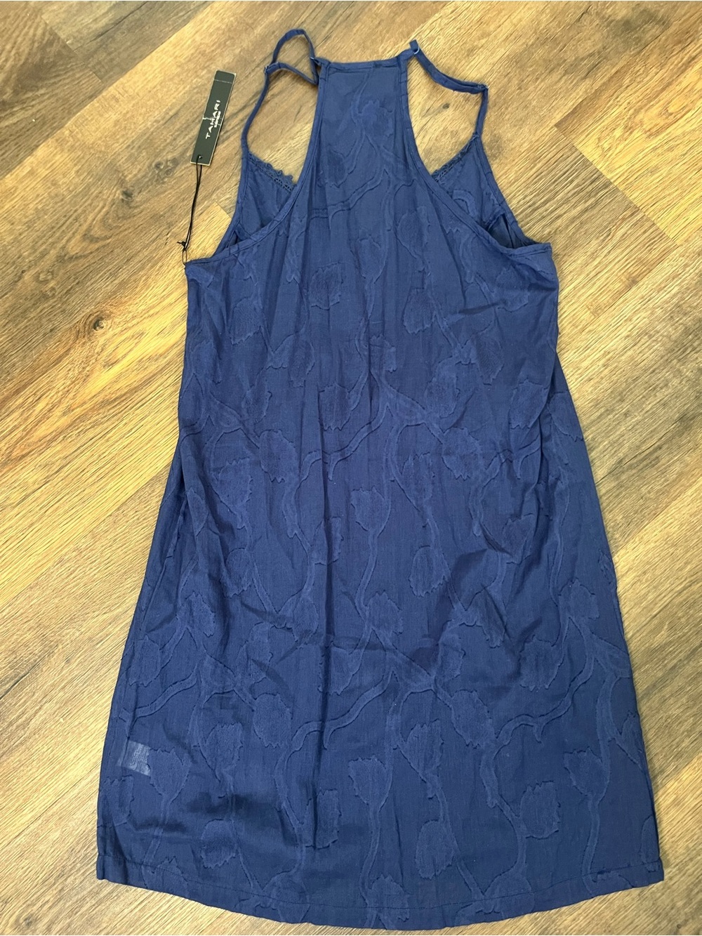 Tahari Navy 100% Cotton Navy Blue Textured Chemise Slip Dress with Lace Trim - Picture 9 of 9